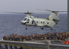A Ch-46 Helicopter Transports Supplies From The Military Sealift Command Auxiliary Oiler Usns Guadalupe (t-ao 200 ) To The Amphibious Command Ship Uss Mount Whitney (lcc 20). Image