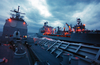 The Guided Missile Cruiser Uss San Jacinto (cg 56) And Nuclear Powered Aircraft Carrier Uss Harry S. Truman (cvn 75) Receive Fuel And Supplies During A Early Morning Replenishment At Sea (ras). Image