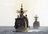 The Guided Missile Cruiser Uss Cape St. George (cg 71) And The Destroyer Uss Deyo (dd 989) Steam In Formation While Awaiting To Conduct An Underway Replenishment (unrep) With The Military Sea Lift Command, Fleet Oilier Usns Kanawha (t-ao 196) Image