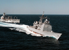 U.s. Navy S Ticonderoga Class Cruiser Uss San Jacinto (cg 56) (center) Executes A High-speed Break Away Following Replenishment At Sea (ras) Operations With The Military Sealift Command Replenishment Oiler Usns Big Horn (t-ao 198) Image