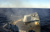 Smoke Is Released From The Barrel Of The Ship S Mk-45 Five Inch Gun Mount During A Live Fire Exercise Image