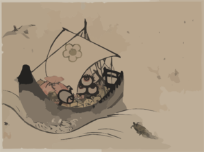 Treasure Ship With Crane And Tortoise. Clip Art