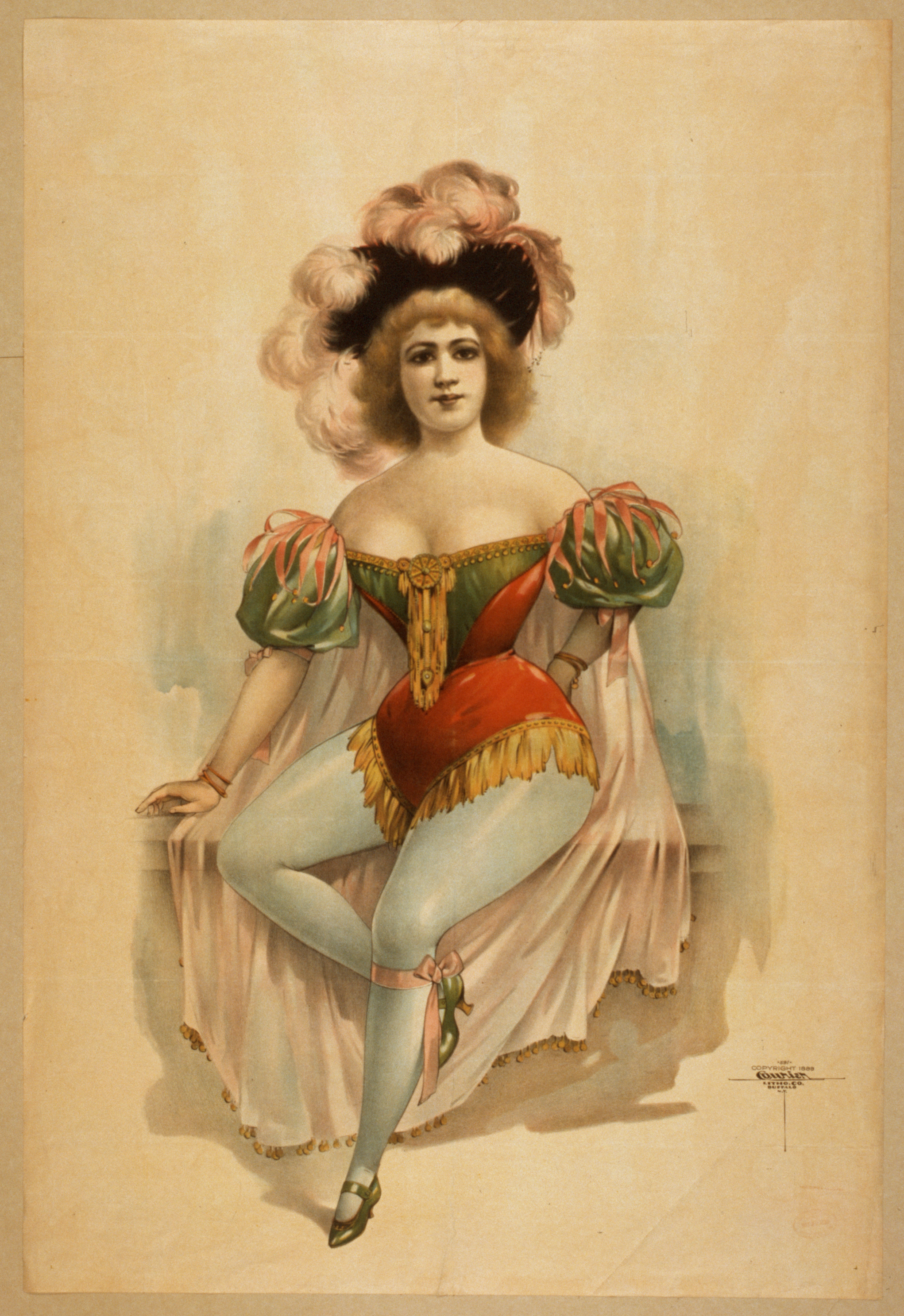 [woman Wearing Brief Costume, Blue Tights, Pink Cape With Feathers In