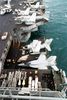 An S-3b  Viking  Aircraft And An F/a-18e  Super Hornet  Are Lowered From The Flight Deck To The Hangar Bay Image