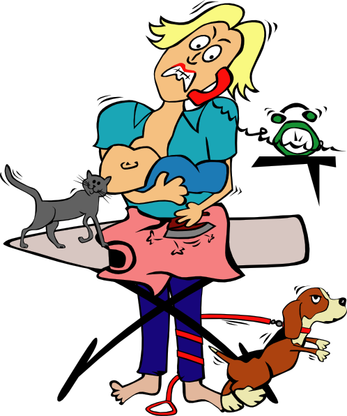 Busy Mom With Child And Pets clip art - vector clip art online, royalty free 