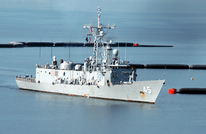 Uss De Wert (ffg 45) Passes The Newly Installed Anti-boat Barrier System Image
