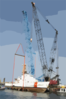 Two Cranes Work In Tandem From A Barge To Lower A U.s. Coast Guard (uscg) Patrol Boat Into The Water. Clip Art