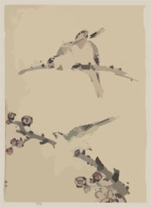 [three Birds Perched On Branches, One With Blossoms] Clip Art