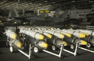 Bunker Buster Bombs Are Staged In The Hangar Bay Aboard Uss Constellation (cv 64). Image
