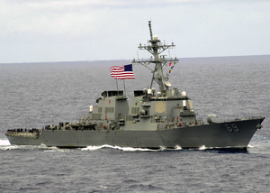 The Guided Missile Destroyer Uss Milius (ddg 69) Proudly Displays Her Large American Flag During A Practice Sea Power Demonstration For Uss Constellation Image