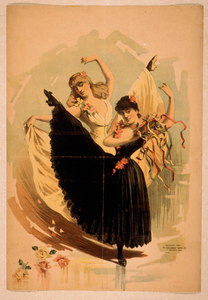 [two Women Dancing, One In Yellow Dress And One In Black Dress With Tambourine] Image