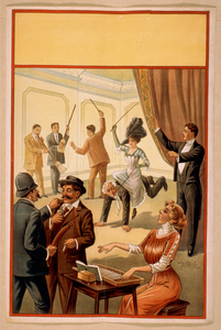 [hypnotist Directing Group Of People To Do Unusual Activities: Woman Playing Washboard, Woman Riding Man, Men Using Brooms As Musical Instruments, Policeman Using Sausage As Weapon] Image