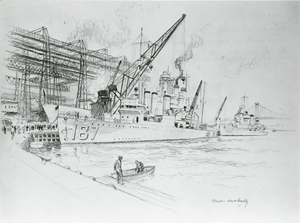This Original 1941 Artwork By Navy Artist Vernon Howe Bailey Is Titled Uss Dahlgren Ericsson At Pier And Is Set At The Former New York Navy Yard. Image