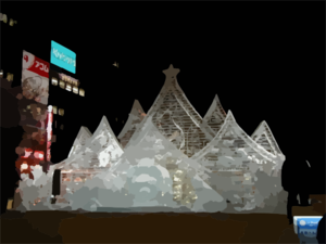 One Of Several Snow And Ice Sculptures Is Lit Up For Night Time Viewers At The 54th Annual International Sapporo Snow Festival Clip Art