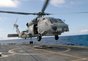 An Sh-60b Seahawk Assigned To The Proud Warriors Of Light Helicopter Anti-submarine Squadron Four Two (hsl-42) Lifts Off The Fight Deck Aboard The Oliver Hazard Perry Class Frigate Uss Stephen W. Groves (ffg 29). Image
