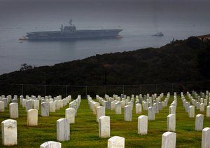 The Decommissioned  Constellation (cv 64) Is Towed Past Fort Rosecrans National Cemetery In Point Loma, Calif. Image
