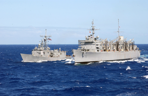 The Fast Combat Support Ship Uss Sacramento (aoe 1) Conducts An Underway Replenishment (unrep). Image
