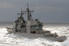 Uss Cowpens (cg 63) Approaches Kitty Hawk During A Replenishment At Sea (ras) Evolution Image